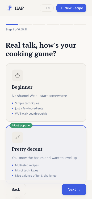 De eerste stap stemt de ervaring af op iemands vertrouwen in de keuken.