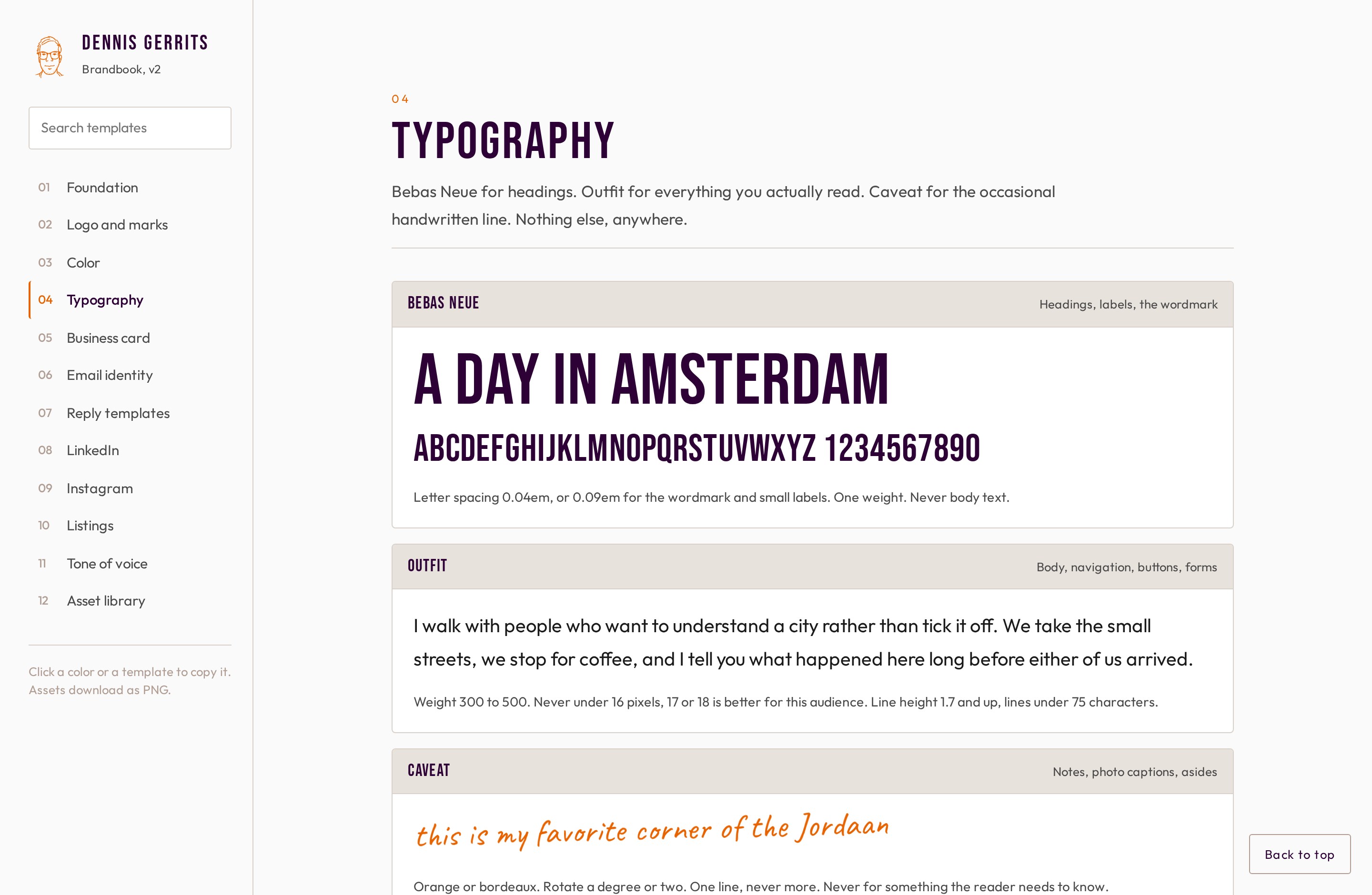 De letterpagina: Bebas Neue voor koppen, Outfit voor lopende tekst, Caveat voor notities.